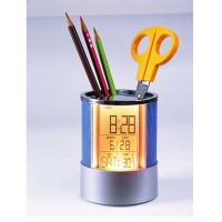 Metal mesh pen holder perpetual calendar (with colored backlight)